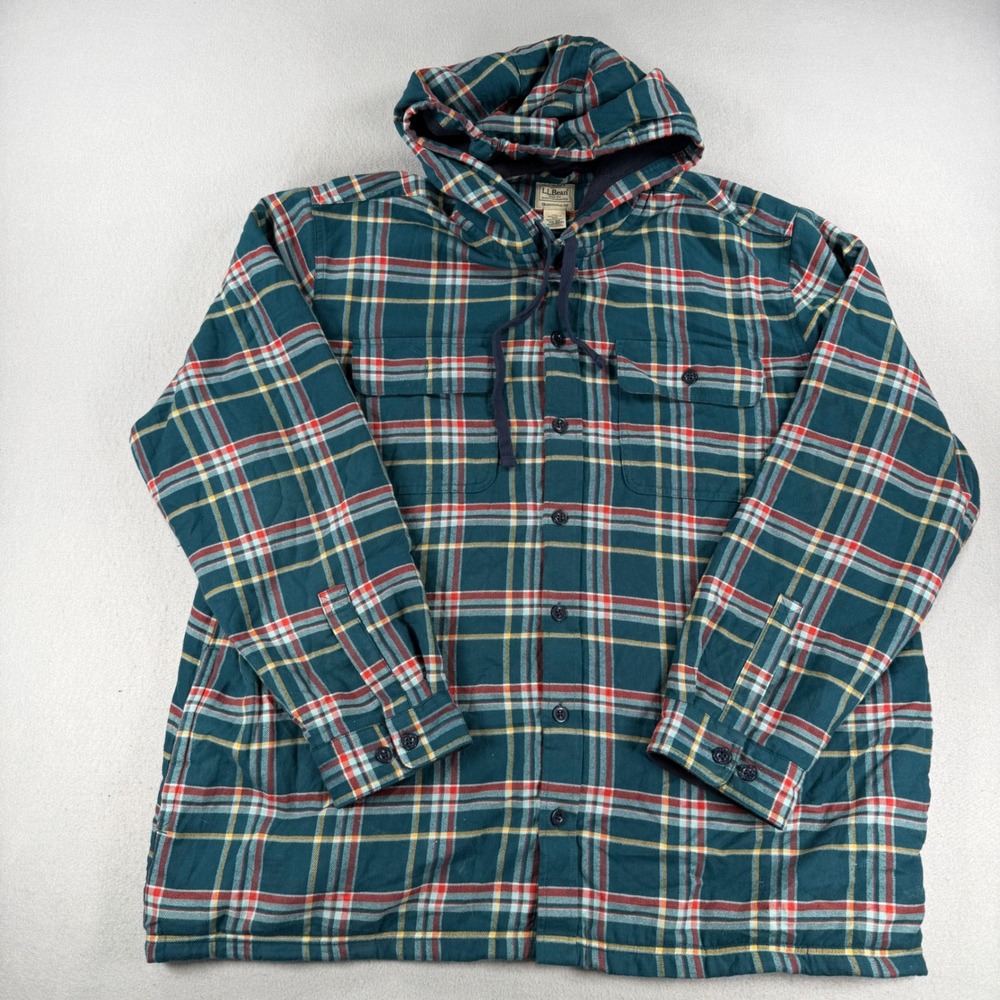 Vintage LL Bean Mens Fleece Lined Hooded Flannel Shirt Jacket Plaid Green XXL